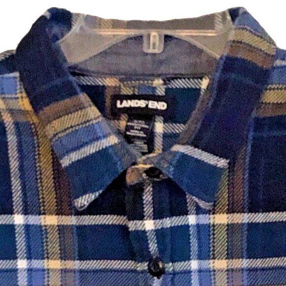Lands End Rugged Work Shirt Mens Sz 2XL Tradtional Fit Hefty Blue Plaid Pockets - Picture 4 of 15